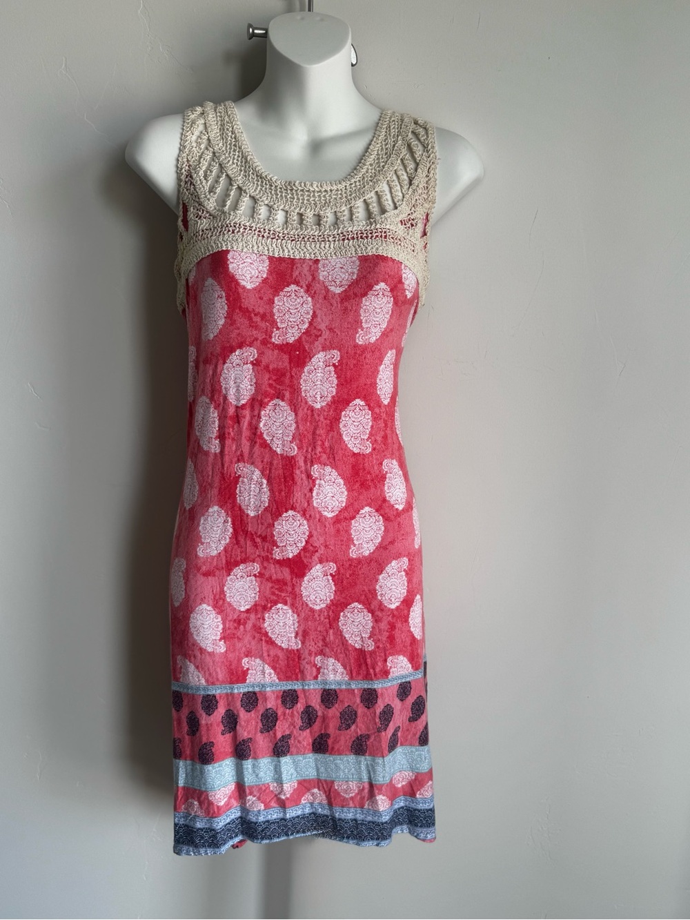 Style & Co. Pink Paisley Knit Dress with Cream Crochet Yoke